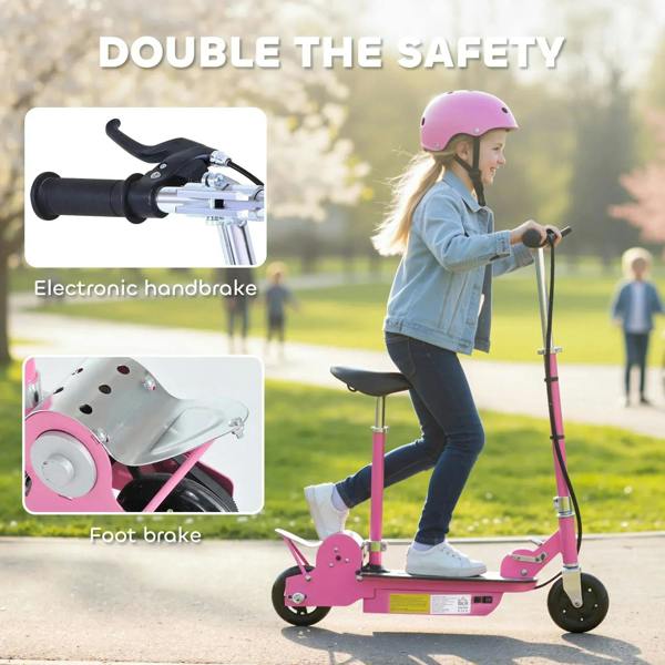 Pink electric scooter with handlebar brake lever and foot brake