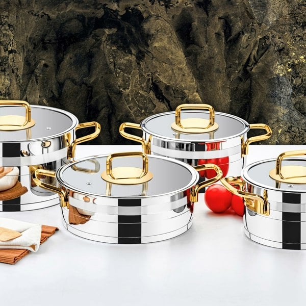 Rozi Safir Collection 8-piece Stainless Steel Cookware Set (Gold Handles)