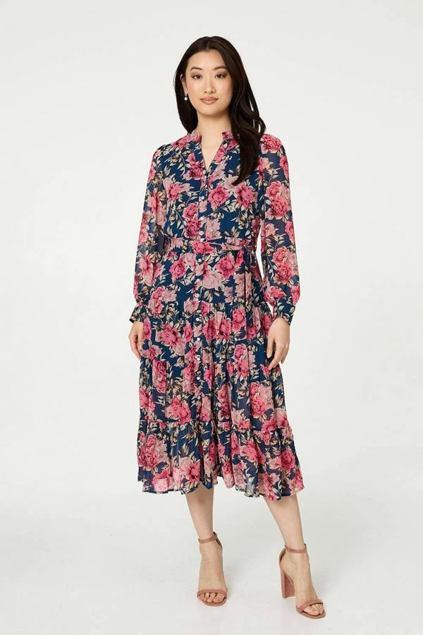 Navy | Floral Tie Waist Relaxed Tier Midi Dress