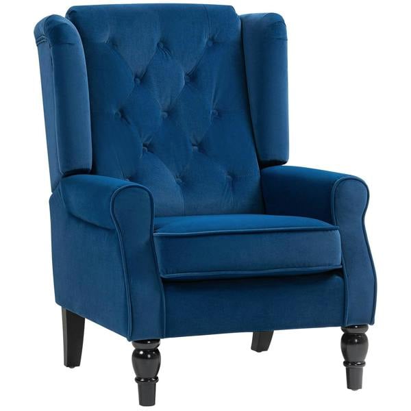 Blue wingback accent chair with button-tufted back, padded arms, and dark turned legs