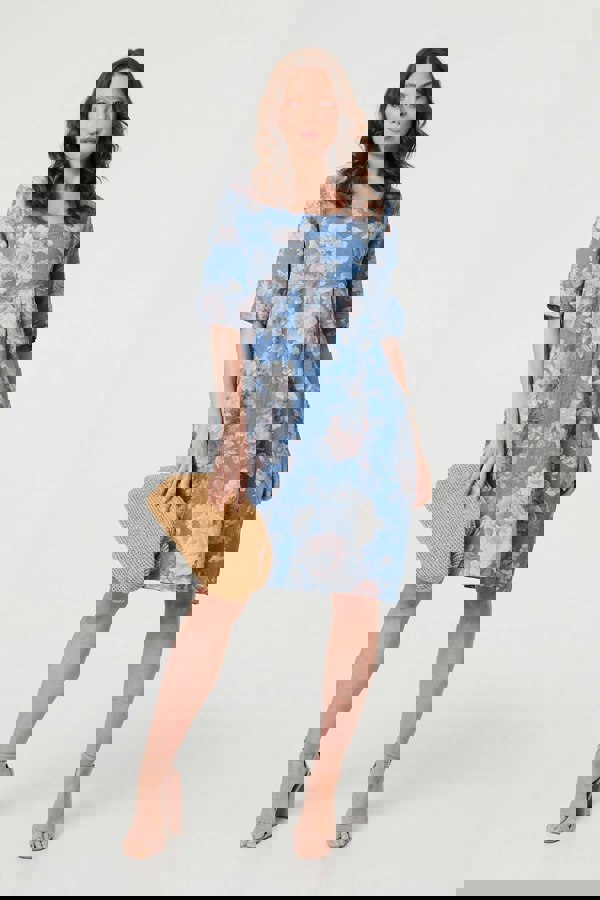 Blue | Floral 3/4 Sleeve Relaxed Short Dress
