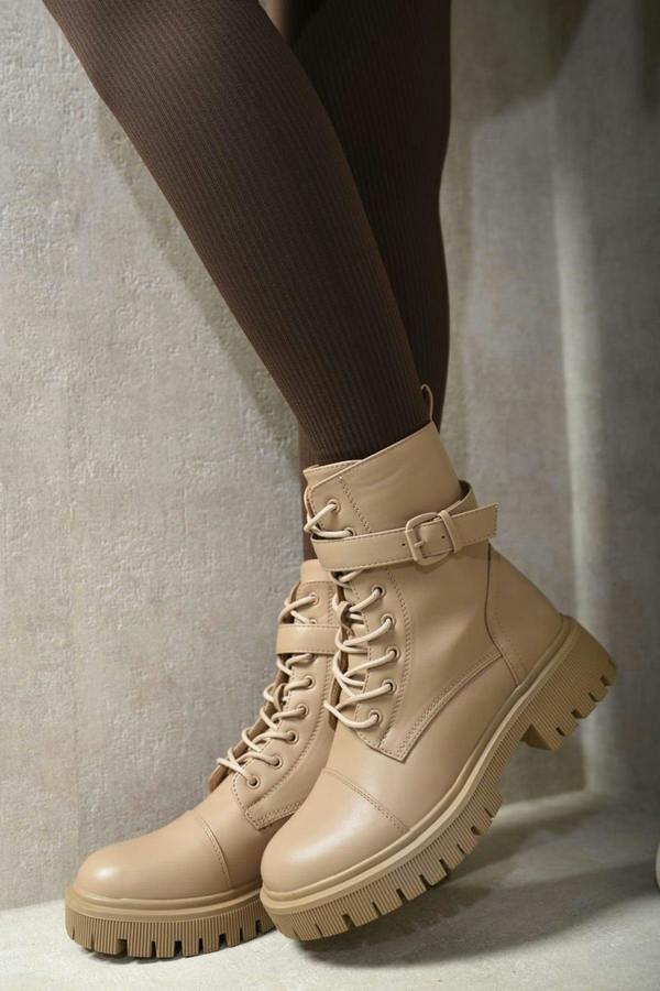 Ariella Lace Up Buckle Chunky Combat Boots - Nude