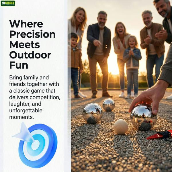 My Garden Outdoor Living French Boules Set - 8x Steel Bocce Ball with Wooden Jack. Measuring String & Zippered Carry Case For Garden Games