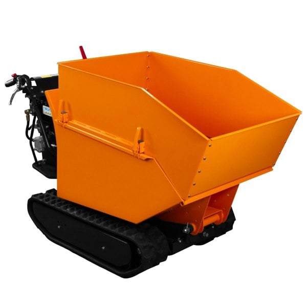 Tracked mini dumper petrol tipper with a bright orange steel body, rugged black tracks, and a spacious, sloped loading bed