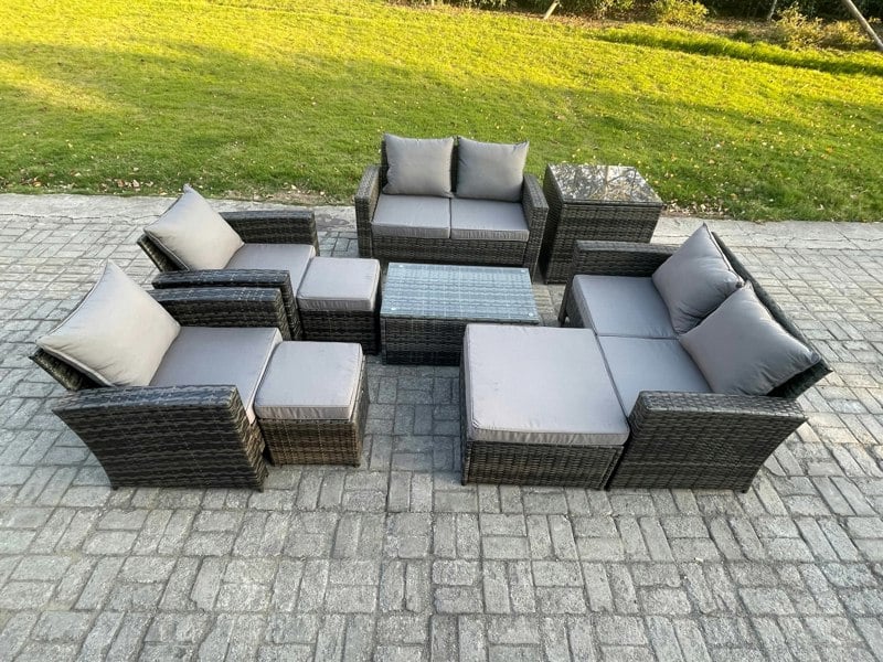 Fimous 9-Piece Rattan Garden Furniture Set - Dark Grey Mixed Outdoor Patio Sofa & Chair Set with Coffee Table & 3 Footstools