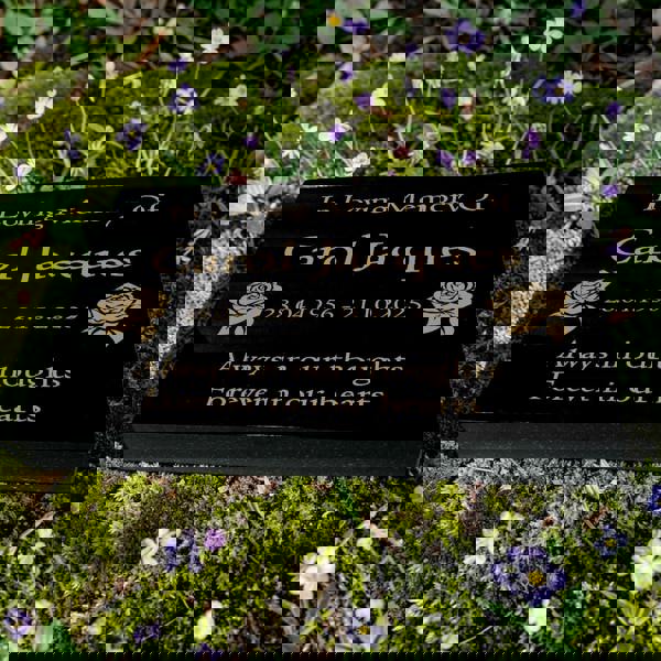 Memorials Direct Granite Memorial Tablet with Rose Design, Free Personalised Gold Engraving, Polished Black Granite