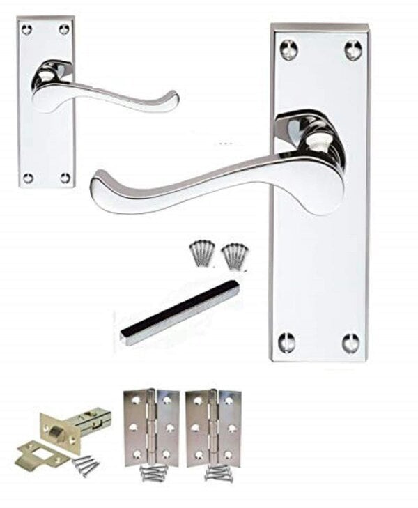 EDH Door Hardware Victorian Scroll Door Handles Polished Chrome Hinges & Latches Sets of 7 118MM X 40MM - Haven Heritage®