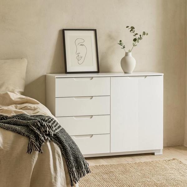 Wyld Haus Leipzig White Gloss Chest of 4 Drawers 1 Door
