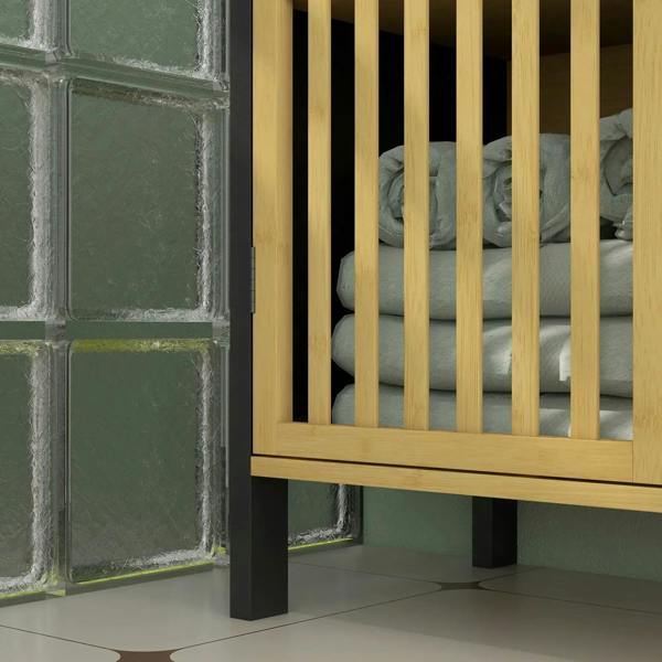 Under sink cabinet open front showing interior storage behind bamboo slatted door
