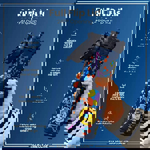 A decorated water bottle is held; its 240° flip lid opens fully, away from the face; it's designed for convenient on-the-go use. The bottle is labeled "ION8" and "SLIM RECYCLON™".