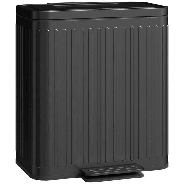Black dual compartment rubbish bin with soft-close lid and foot pedal
