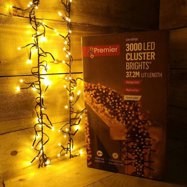 Samuel Alexander 3000 LED 37.2m Premier Clusterbrights Indoor Outdoor Multifunction Mains Operated Christmas Cluster Lights with Timer in Vintage Gold