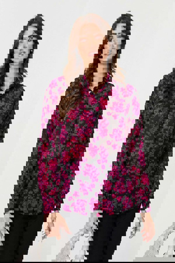 Red | Floral Semi Sheer Long Sleeve Shirt
