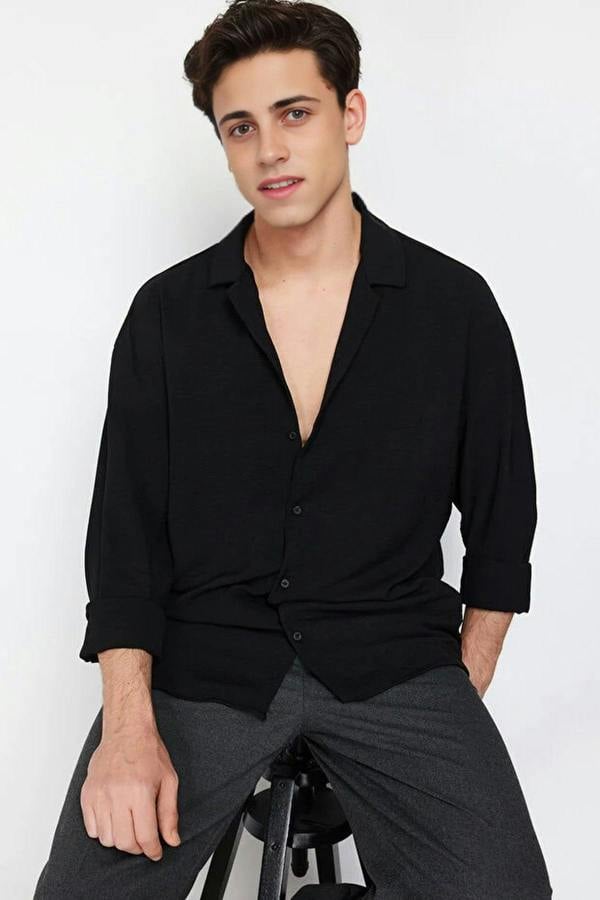 WOVCOR Oversize Fit Open Collar Linen Look Men’s Shirt