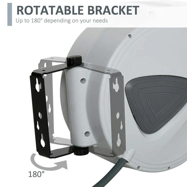 Retractable air hose reel with rotating wall-mount bracket and coiled hose housing