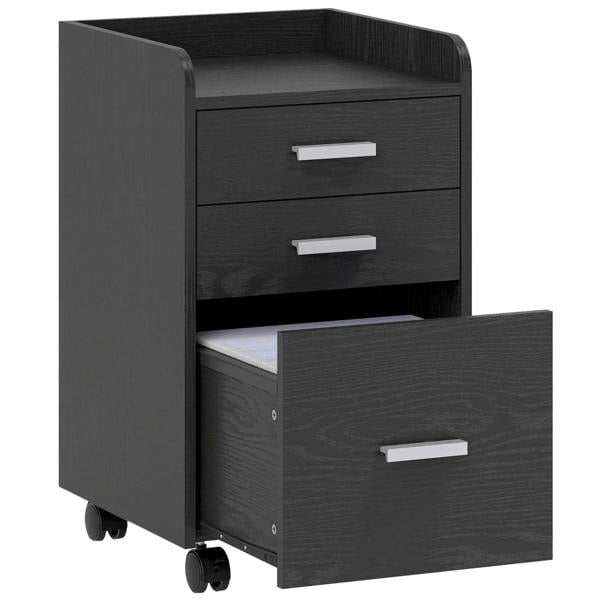 Black 3-drawer rolling filing cabinet with open drawer and metal pulls, on caster wheels