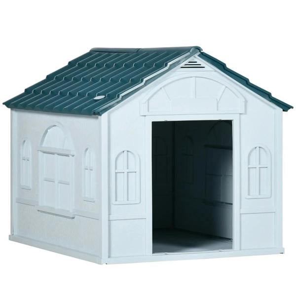White plastic medium dog house with blue roof and arched front door opening