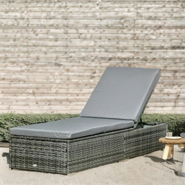 Rafaelo Mobilia Rattan Sun Lounger For Garden Reclining Deck Bed With Cushion Grey