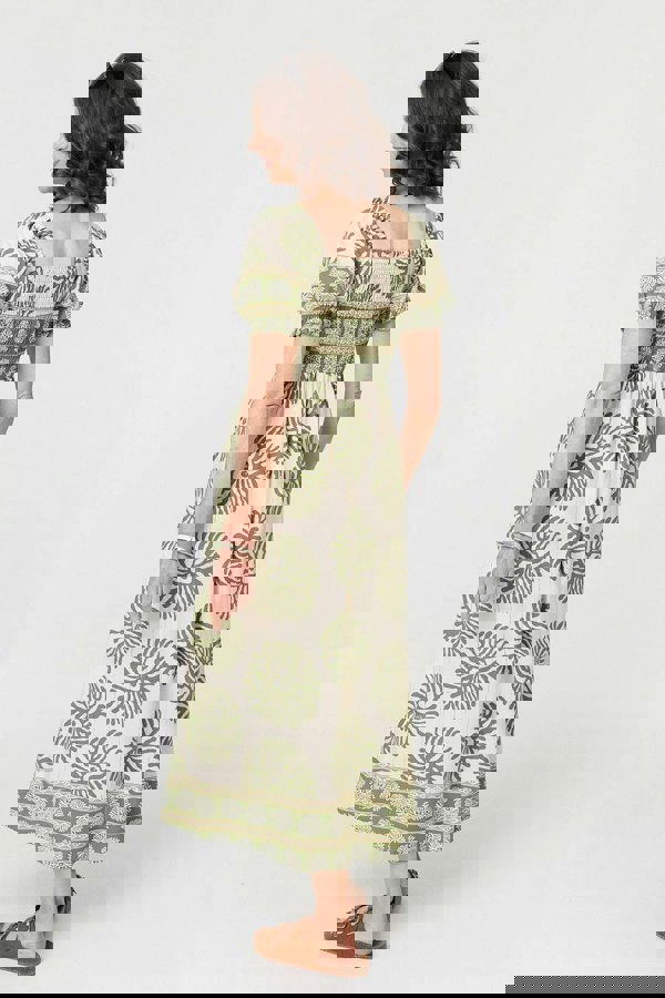 Khaki | Printed Tie Front A-Line Midi Dress
