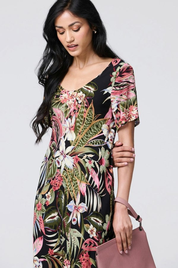 Black | Tropical Print 1/2 Sleeve Maxi Dress