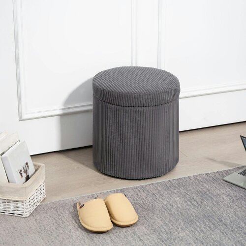 Wyld Haus Yoluha Round Grey Corduroy Storage Footstool With Removable Lid