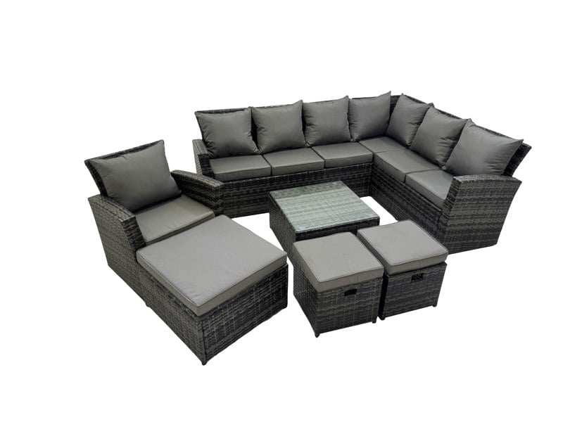 Fimous Rattan Garden Outdoor Furniture Set 10 Seater Garden Sofa Coffee Table Set with Chair 3 Footstools Dark Grey Mixed