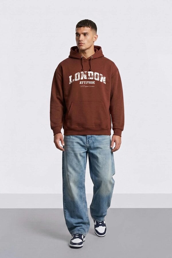 London Attitude Relaxed Fit Collegiate Graphic Hoodie in White - Brick Red