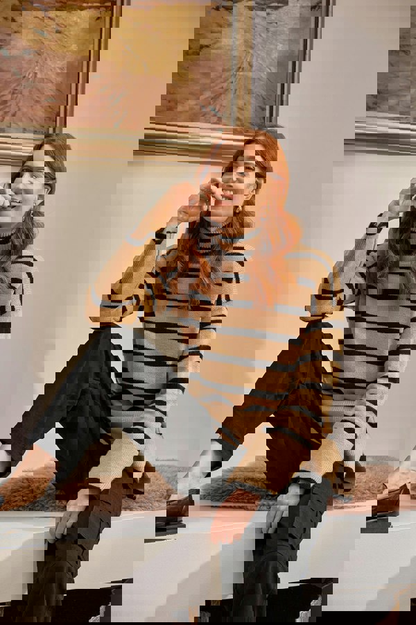 Beige | Striped Flare Sleeve Roll Neck Jumper : Model is 5'9"/175 cm and wears UK8/EU36/US4/AUS8