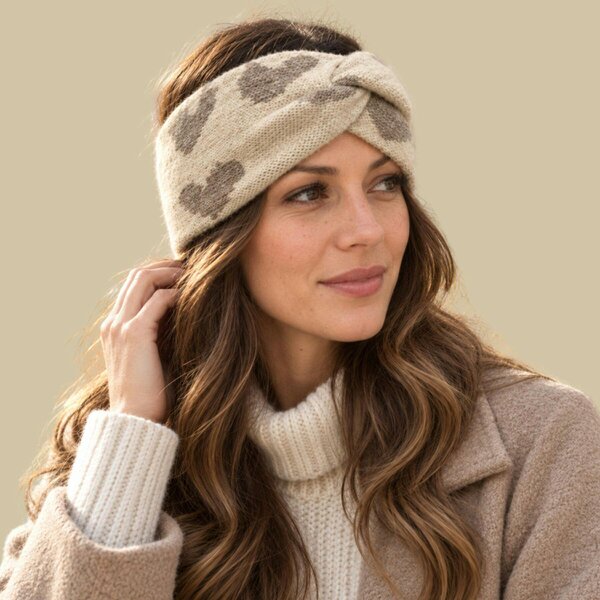 Love EMVY Heart Print Knitted Twist Headband - Beige