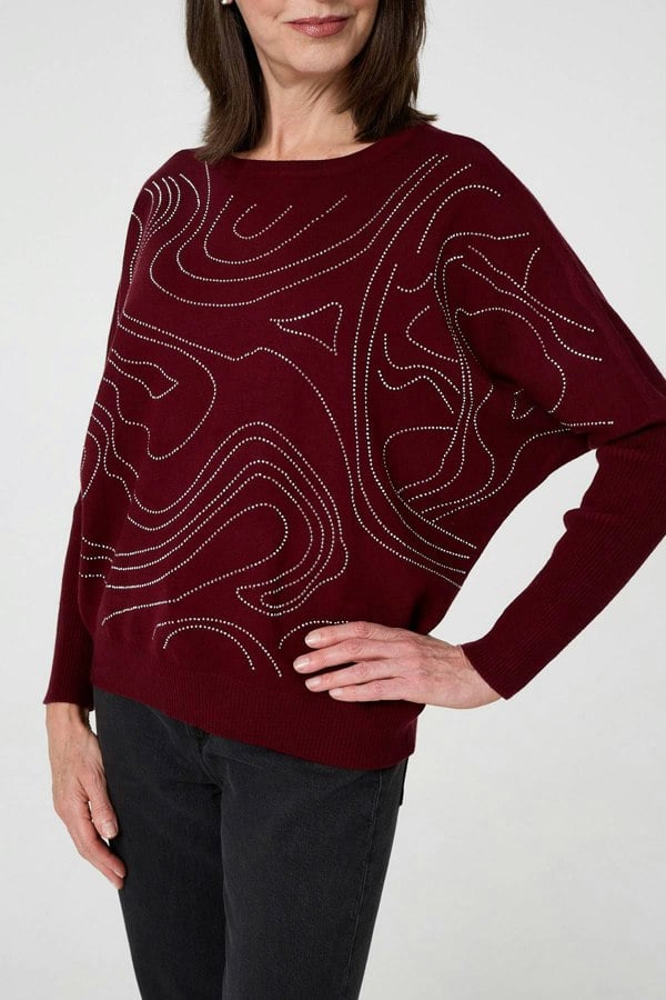 Red | Diamante Detail Batwing Sleeve Jumper

