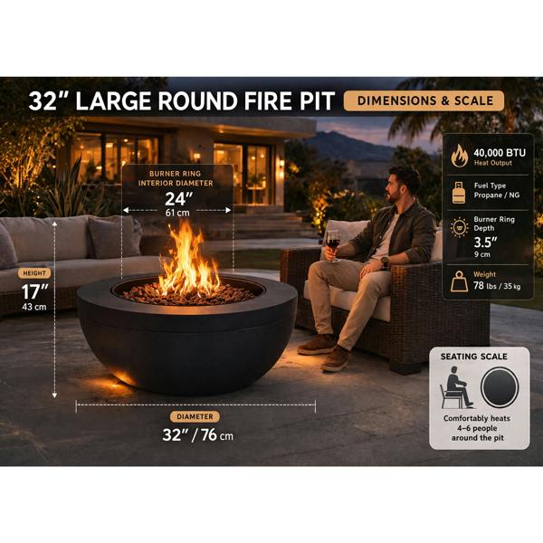 MDA Designs TABITI Black Gas Fire Pit for Garden & Patio - Luxurious Eco-Stone Finish Outdoor Heater Fire Pit