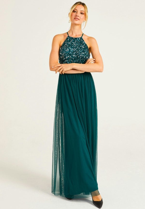 Embellished Halter Neck Maxi Dress in Emerald Green - ANGELEYE