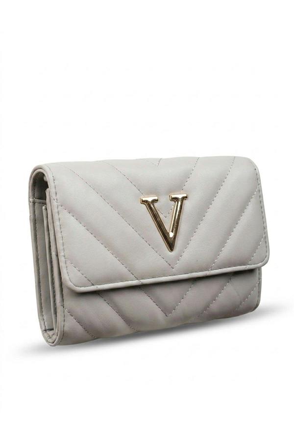Genevieve Quilted Chevron Pattern Flap Clutch - Grey