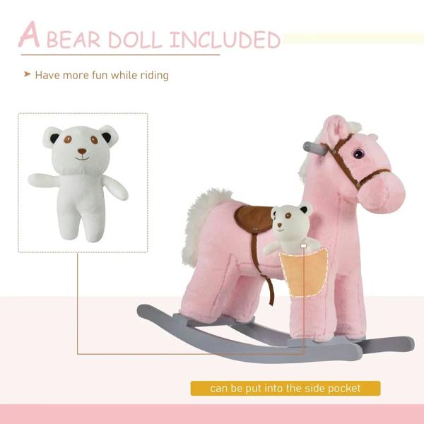 Pink plush rocking horse toy with brown saddle and plush bear doll, bear doll shown included