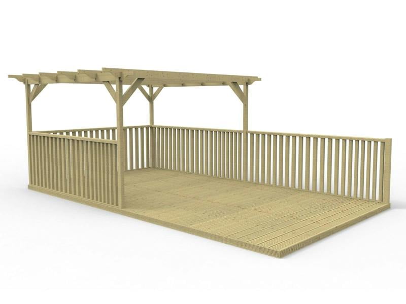 Rectangular pergola and decking kit with balustrade, made from pressure treated timber and high quality pergola posts, featuring a raised wooden deck, vertical slatted balustrade, and an open pergola roof frame.