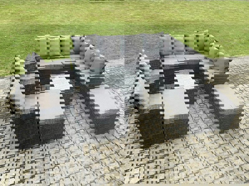 Fimous 10 Seat Rattan Garden Furniture Corner Sofa Set Outdoor Patio Sofa Table Set with 2 Big Footstool 2 Armchairs Dark Grey Mixed