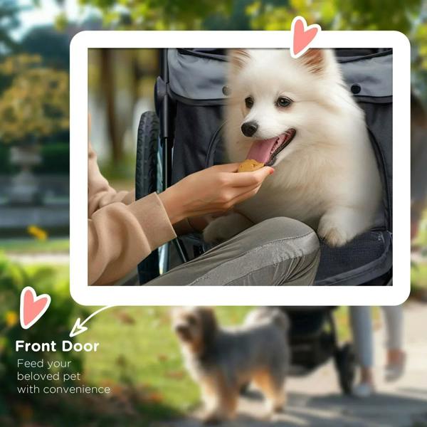 Pet stroller with front door opening and mesh seat, dog hand-fed inside