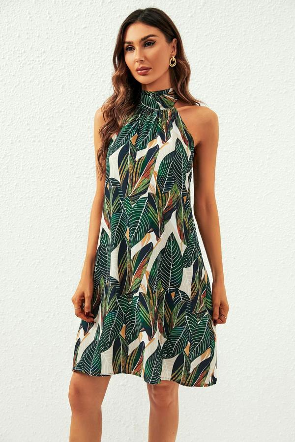 FS Collection Leaf Print Halter Neck Tie Back Mini Dress In Green