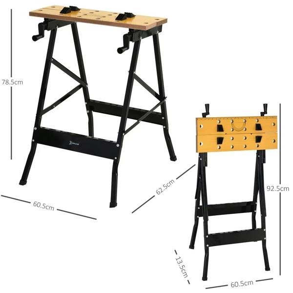 Folding work bench with light wood top, black frame, and four adjustable pegs