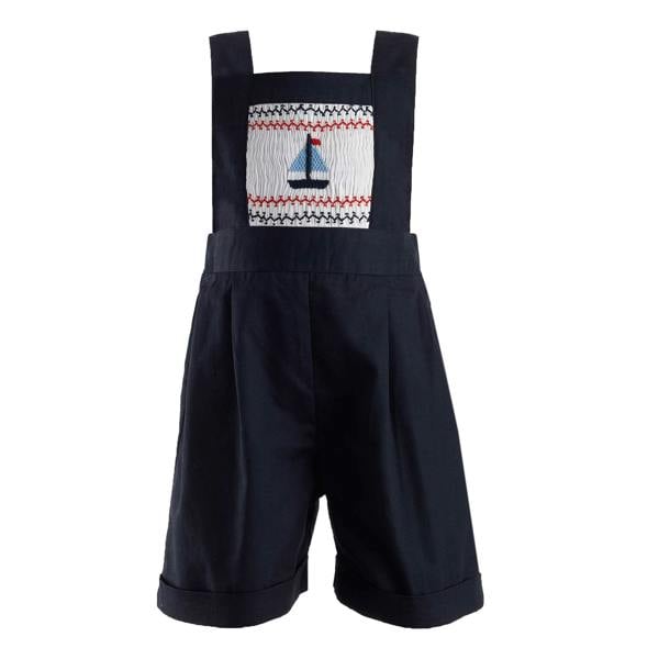 Baby boy navy tailored dungarees with sailboat smocked design on the front panel and turn ups.