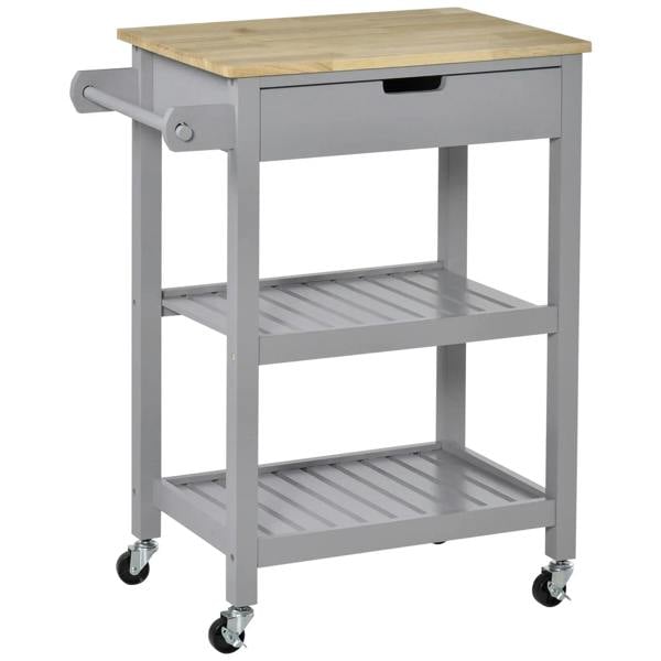 Grey kitchen utility cart with rubberwood worktop, slatted shelves, and rolling casters