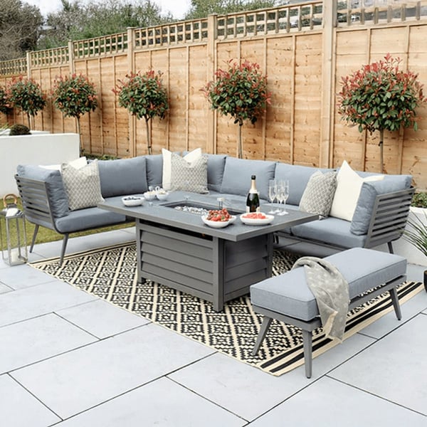 Mayfair Corner Lounging Set with Rectangular Firepit – Grey