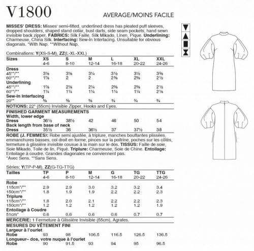 Vogue Sewing Pattern 1800, Dresses for Women, Y (XS-S-M) - Intermediate