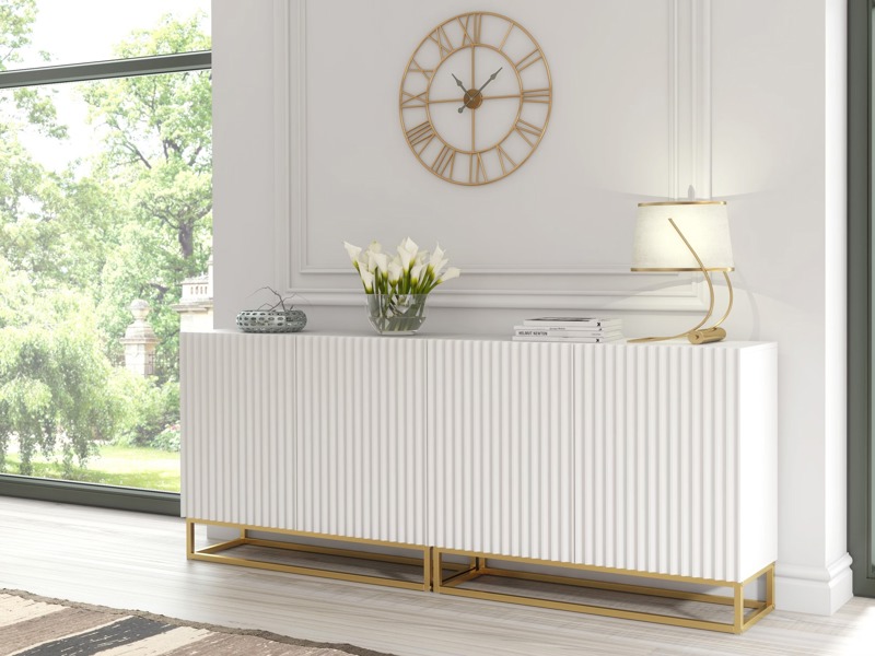 Mex Furniture Sophisticated White Sideboard with Fluted Fronts & Gold Legs – 200cm Storage Unit