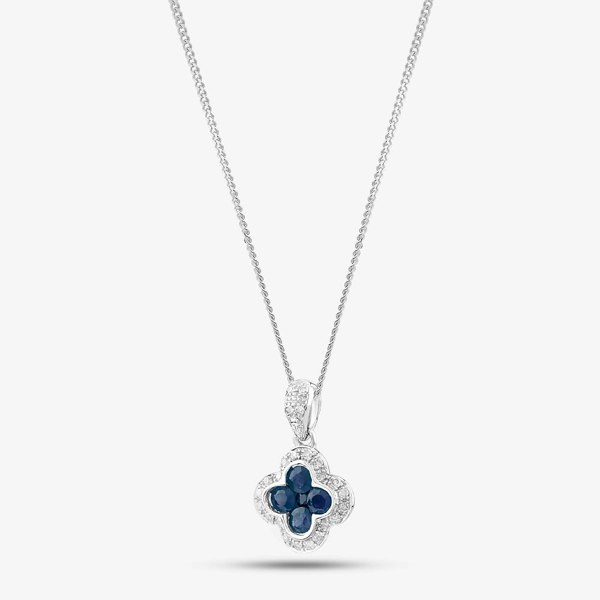 T. H. Baker 9ct White Gold Sapphire and Diamond Quatrefoil Cluster Necklace PP05330 SA 5.13.0034