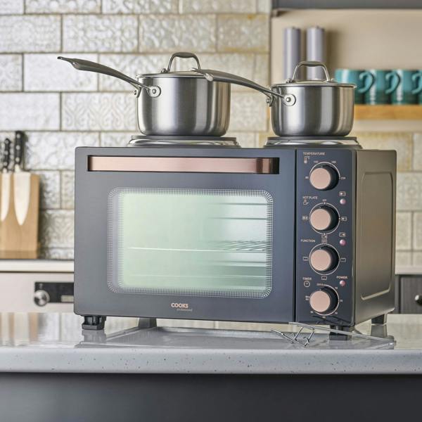 Cooks Professional 28L Mini Oven with 2 Hobs | Black / Copper