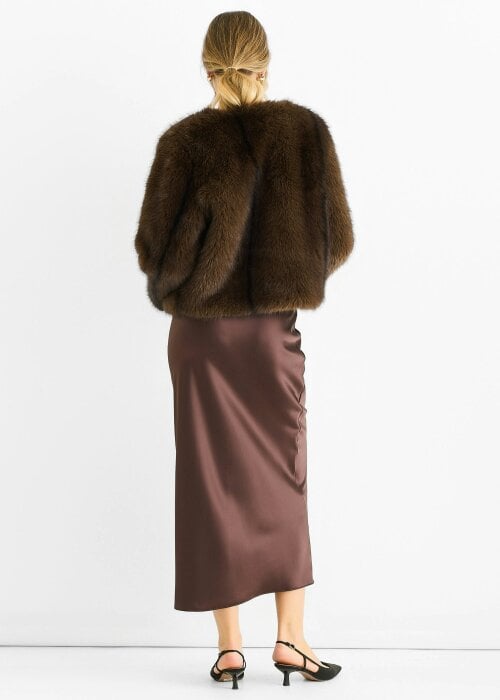 Gini London Coffee Round Neck Faux Fur Cropped Jacket