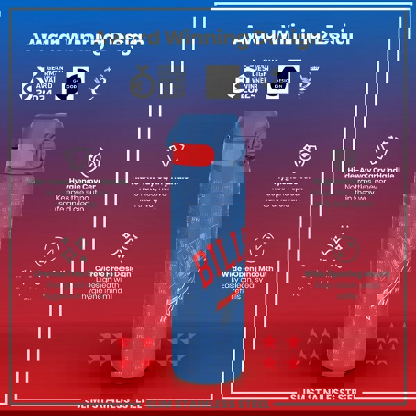 A slim stainless steel water bottle, featuring a Buffalo Bills design, sits against a red background; it displays various design features and awards.