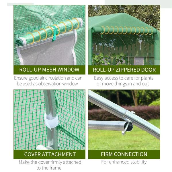 Green greenhouse mesh roll-up window and zippered door detail
