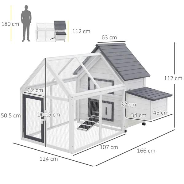 Chicken coop with run diagram showing dimensions and multi-level layout